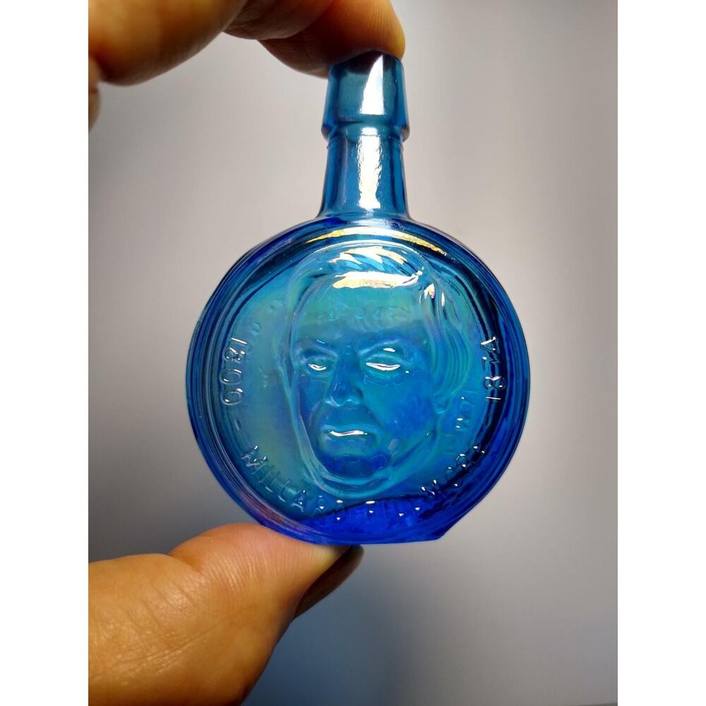 Wheaton Blue Carnival Glass Bottle Millard Fillmore 1971 Mini 3" Vintage Retro